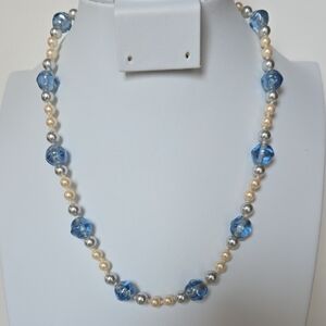 N-019-Blue Faceted Bead and Faux White And Silver Pearl Bead Necklace